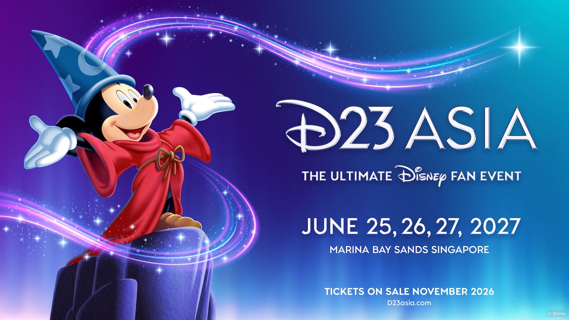 ดิสนีย์ประกาศวันจัดงานแฟนอีเวนต์สุดยิ่งใหญ่ที่เอเชีย  ‘D23 Asia: The Ultimate Disney Fan Event’ ในวันที่ 25-27 มิถุนายน 2027 ปักหมุด มารีนา เบย์ แซนด์ ประเทศสิงคโปร์   พร้อมเปิดจำหน่ายบัตรเข้างานในเดือนพฤศจิกายนนี้!