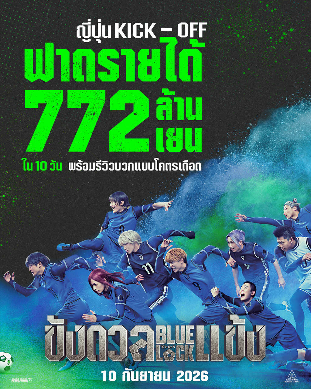 แรงไม่หยุด! ญี่ปุ่นเปิดศึก “BLUELOCK ขังดวลแข้ง”  ฟาดรายได้ “772 ล้านเยน” ใน 10 วัน  รีวิวการันตี “หนังโคตรเดือด ลุ้นมันส์สุดๆ”  ชาวไทยไม่ควรพลาด 10 กันยายนนี้ ในโรงภาพยนตร์
